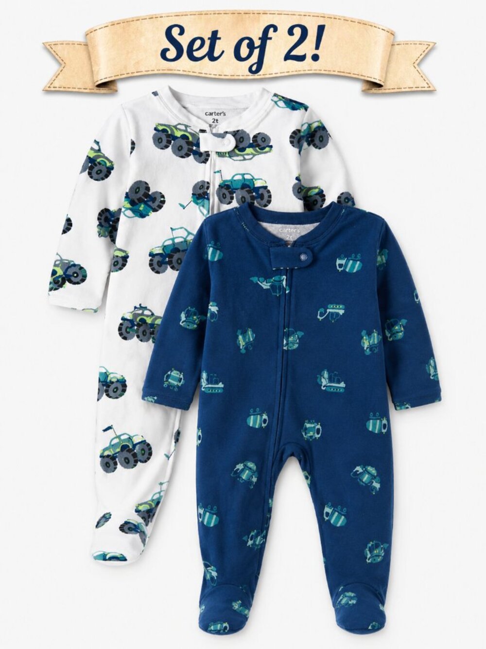 NWT Carter’s Toddler Boy Pajamas -Set of 2 - Footed Sleepers Trucks Vehicles